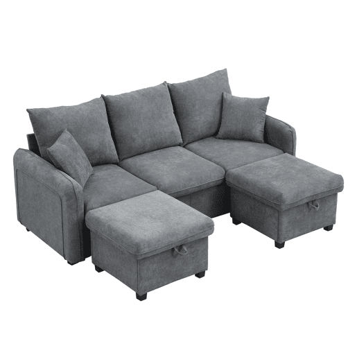Sofá de canto de 3 lugares - Modular com arrumação, chaise longue e pufe - Cinza escuro