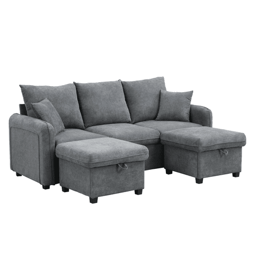 Sofá de canto de 3 lugares - Modular com arrumação, chaise longue e pufe - Cinza escuro