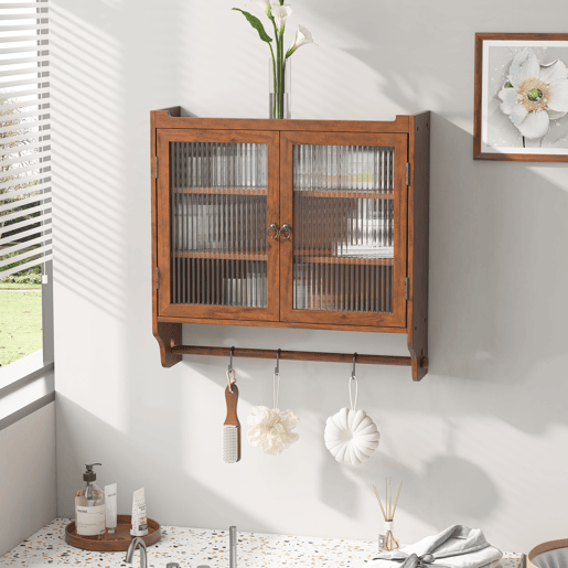 Armário de parede com portas de vidro 63 cm - 3 níveis de armazenamento com toalheiro - Castanho