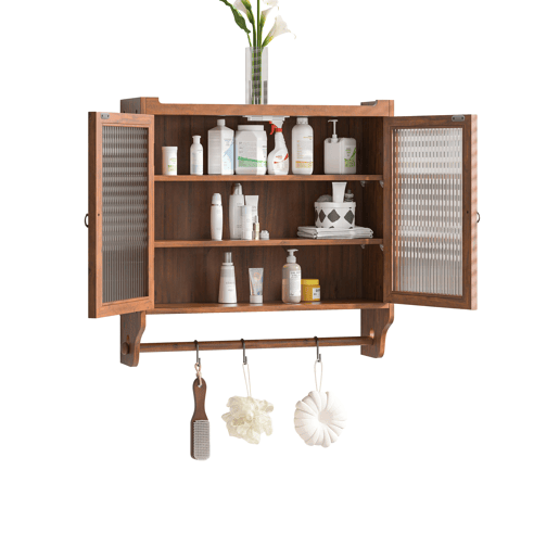 Armário de parede com portas de vidro 63 cm - 3 níveis de armazenamento com toalheiro - Castanho