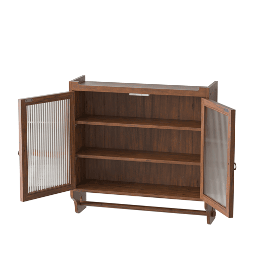 Armário de parede com portas de vidro 63 cm - 3 níveis de armazenamento com toalheiro - Castanho