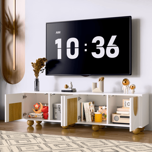 Móvel de TV 175x38x50 cm - 4 portas, design vintage - NaturalBranco