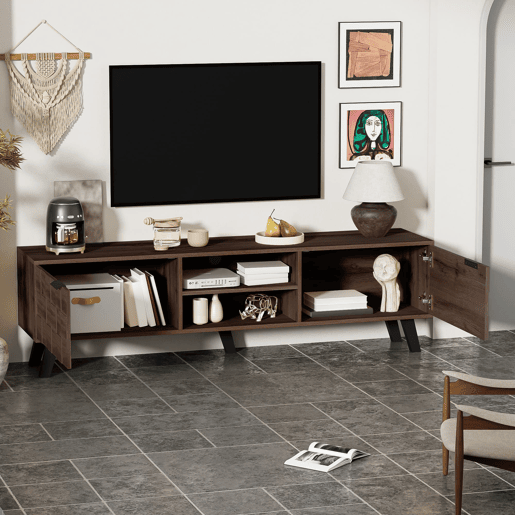 Móvel de TV 160,5x35,5 cm - 2 portas e 2 prateleiras abertas - Madeira escura