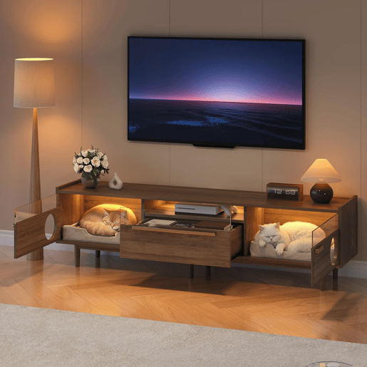 Móvel de TV 180x40x50 cm - LED, espaço para gatos, portas de vidro e gaveta - Nogueira
