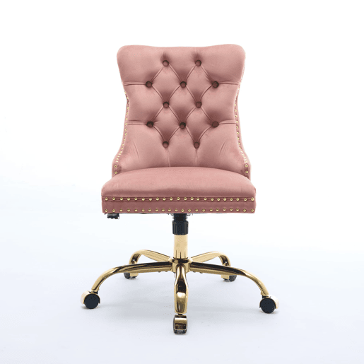 Cadeira de escritório - moderna, estofada em veludo com botões - base metálica dourada - rosa