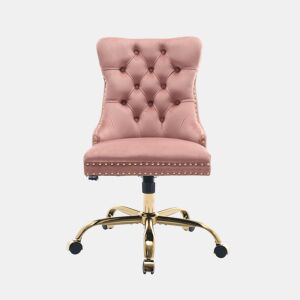 Cadeira de escritório - moderna, estofada em veludo com botões - base metálica dourada - rosa