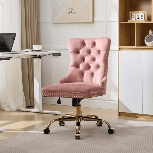 Cadeira de escritório - moderna, estofada em veludo com botões - base metálica dourada - rosa