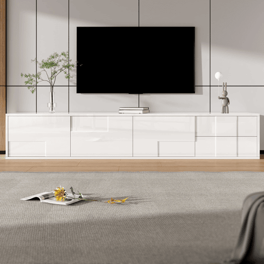 Móvel de TV 170 cm - moderno, suspenso ou de pé, sem puxadores, 3 portas e 2 gavetas - branco brilhante