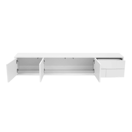 Móvel de TV 170 cm - moderno, suspenso ou de pé, sem puxadores, 3 portas e 2 gavetas - branco brilhante