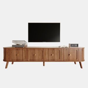 Móvel de TV 180x38x47 cm - 4 portas, puxadores dourados, pés de madeira - Nogal