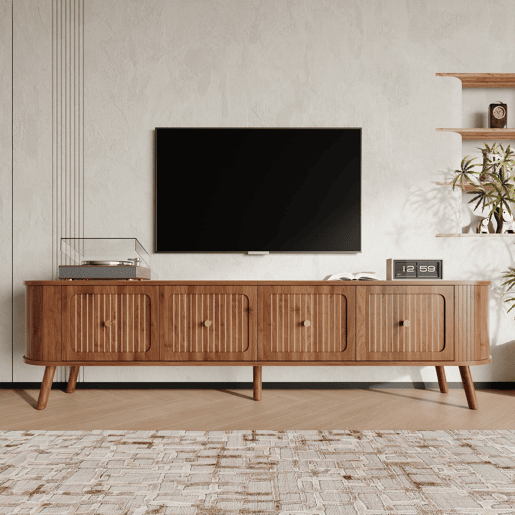 Móvel de TV 180x38x47 cm - 4 portas, puxadores dourados, pés de madeira - Nogal