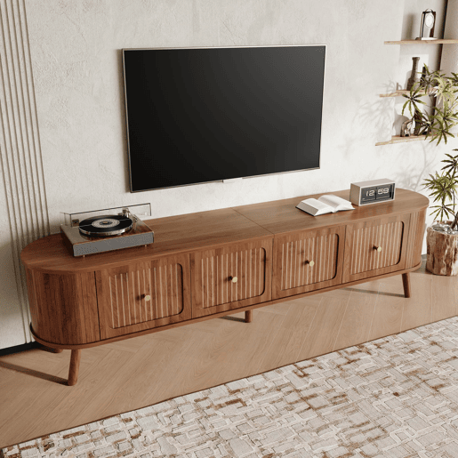 Móvel de TV 180x38x47 cm - 4 portas, puxadores dourados, pés de madeira - Nogal