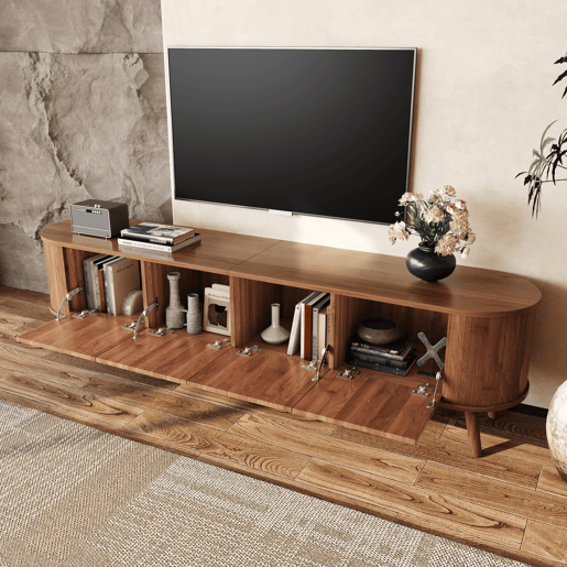 Móvel de TV 180x38x47 cm - 4 portas, puxadores dourados, pés de madeira - Nogal