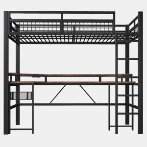 Cama alta 90x200 cm - Estrutura em ferro, LED multicolorido, secretária, USBTipo-C, tomadas, preta