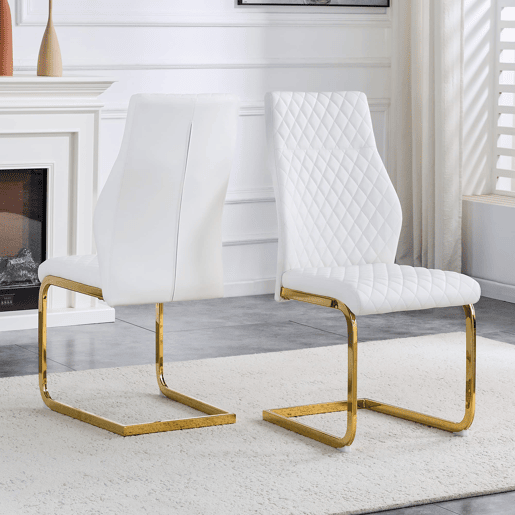 Cadeira de sala de jantar 2 unidades - encosto alto, assento acolchoado, estrutura metálica dourada - Branco+Dourado
