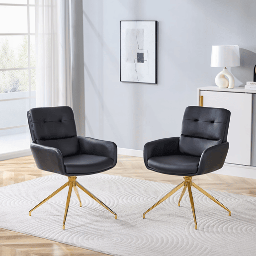 Cadeira giratória 2 unidades - Design luxuoso e leve, PU preto, pernas em metal dourado, 360° - PretoDourado