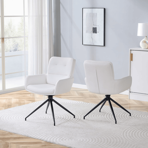Cadeiras giratórias de sala de jantar, 2 unidades u2013 PU branco, pernas metálicas pretas, leves, rotação de 360°