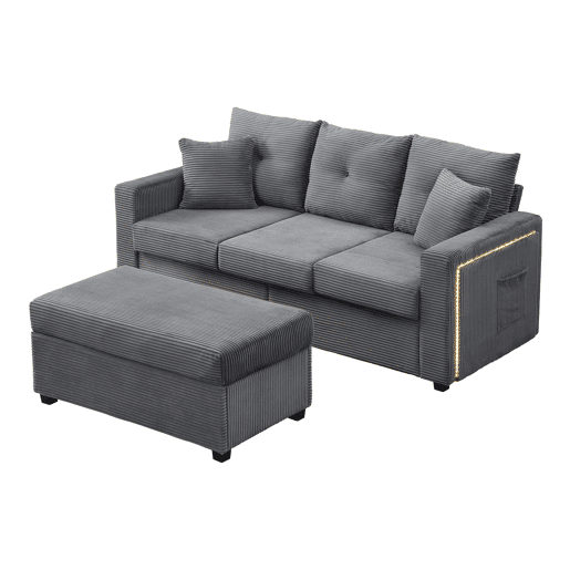 Sofá modular L 3 lugares + otomano grande - LED, assento nuvem, modular, alta resistência - Cinza Antigo