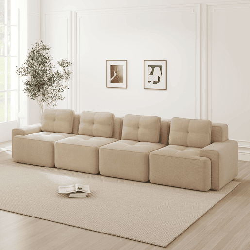 Sofá modular de 4 lugares - Estofado confortável, assento profundo, sem montagem, antiderrapante - Bege