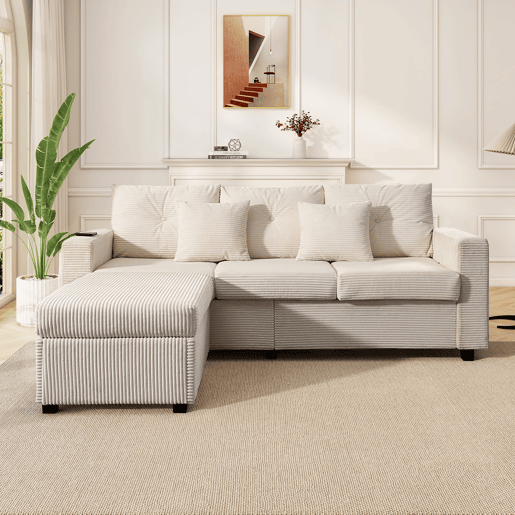 Sofá modular de 3 lugares - com LED e assento tipo nuvem, chaise longue removível - Bege
