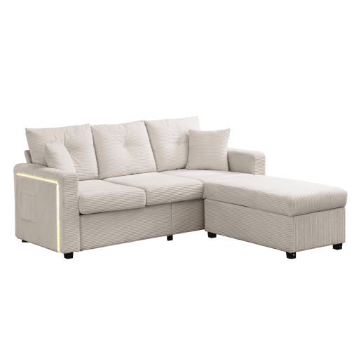 Sofá modular de 3 lugares - com LED e assento tipo nuvem, chaise longue removível - Bege