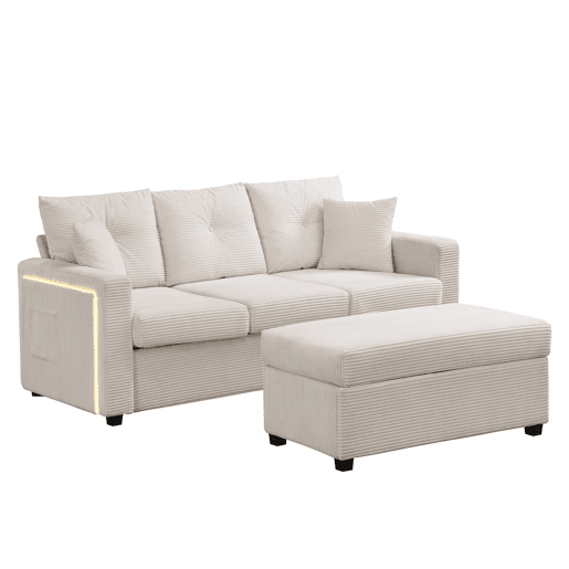 Sofá modular de 3 lugares - com LED e assento tipo nuvem, chaise longue removível - Bege