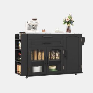 Ilha de cozinha móvel 120x45(70)x90 cm - Dobrável, com rodas e arrumação - Preto