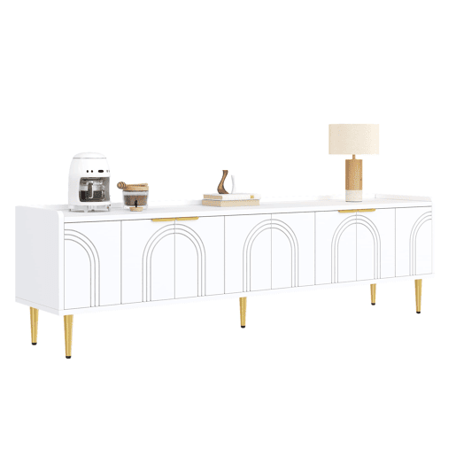 Móvel de TV 170x35x47,5 cm - Lowboard com porta estruturada, puxadores e pés dourados - Branco Móvel de TV 170x35x47,5 cm - Lowboard com porta estruturada, puxadores e pés dourados - Branco