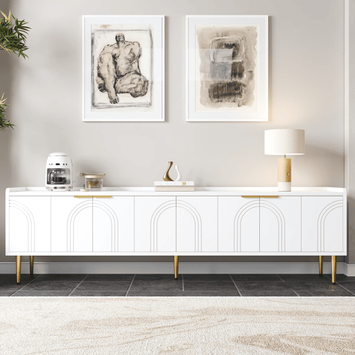 Móvel de TV 170x35x47,5 cm - Lowboard com porta estruturada, puxadores e pés dourados - Branco Móvel de TV 170x35x47,5 cm - Lowboard com porta estruturada, puxadores e pés dourados - Branco
