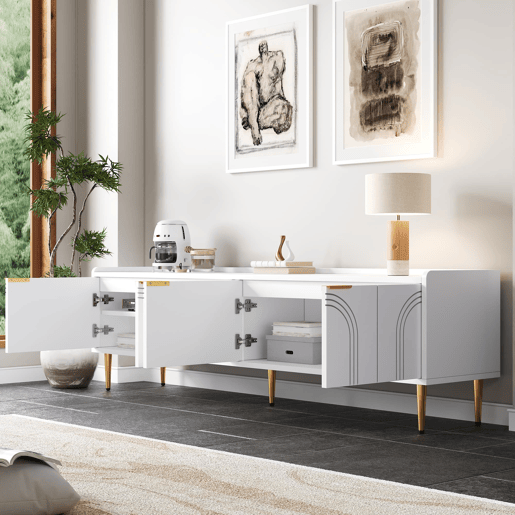 Móvel de TV 170x35x47,5 cm - Lowboard com porta estruturada, puxadores e pés dourados - Branco Móvel de TV 170x35x47,5 cm - Lowboard com porta estruturada, puxadores e pés dourados - Branco