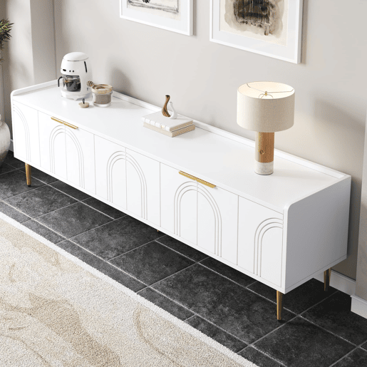 Móvel de TV 170x35x47,5 cm - Lowboard com porta estruturada, puxadores e pés dourados - Branco Móvel de TV 170x35x47,5 cm - Lowboard com porta estruturada, puxadores e pés dourados - Branco