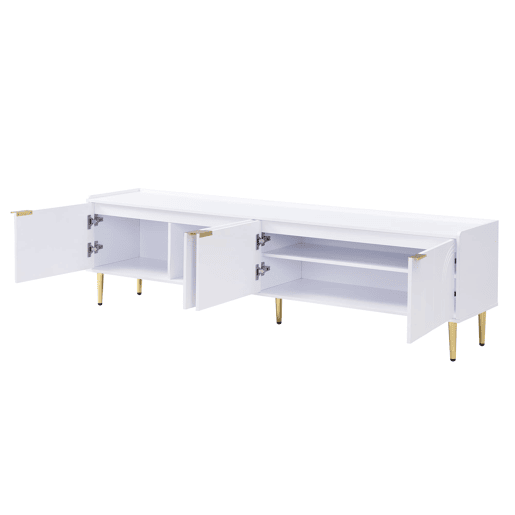 Móvel de TV 170x35x47,5 cm - Lowboard com porta estruturada, puxadores e pés dourados - Branco Móvel de TV 170x35x47,5 cm - Lowboard com porta estruturada, puxadores e pés dourados - Branco