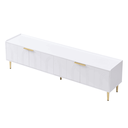 Móvel de TV 170x35x47,5 cm - Lowboard com porta estruturada, puxadores e pés dourados - Branco Móvel de TV 170x35x47,5 cm - Lowboard com porta estruturada, puxadores e pés dourados - Branco