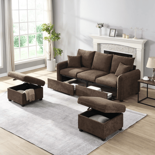 Sofá de canto em U com 3 lugares - com arrumação e função cama - castanho antigo