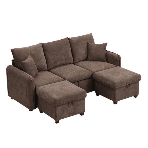 Sofá de canto em U com 3 lugares - com arrumação e função cama - castanho antigo