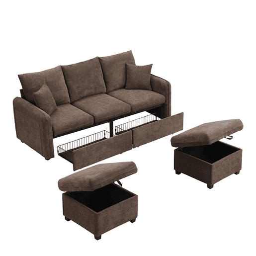 Sofá de canto em U com 3 lugares - com arrumação e função cama - castanho antigo