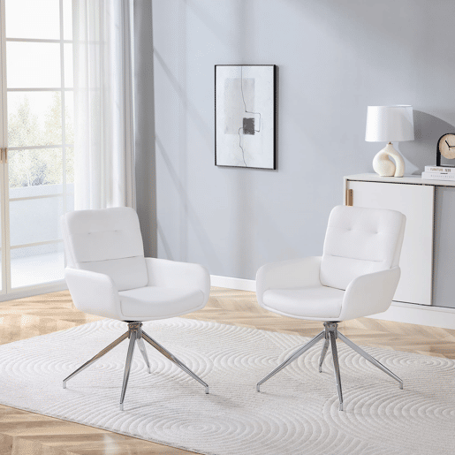 Cadeira giratória 2 unidades - Design luxuoso e leve, giratória em 360°, PU branco + pernas em metal prateado Cadeira giratória 2 unidades - Design luxuoso e leve, giratória em 360°, PU branco + pernas em metal prateado