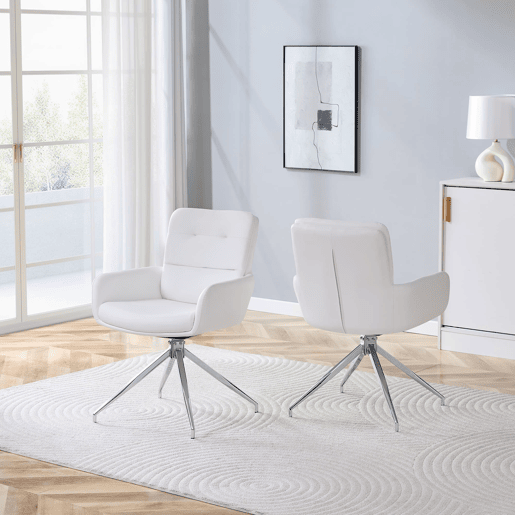 Cadeira giratória 2 unidades - Design luxuoso e leve, giratória em 360°, PU branco + pernas em metal prateado Cadeira giratória 2 unidades - Design luxuoso e leve, giratória em 360°, PU branco + pernas em metal prateado