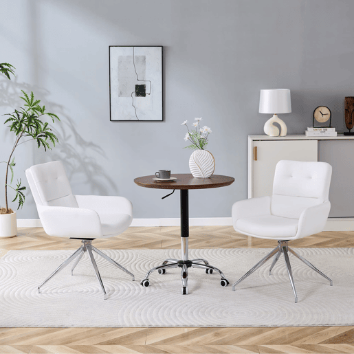 Cadeira giratória 2 unidades - Design luxuoso e leve, giratória em 360°, PU branco + pernas em metal prateado Cadeira giratória 2 unidades - Design luxuoso e leve, giratória em 360°, PU branco + pernas em metal prateado