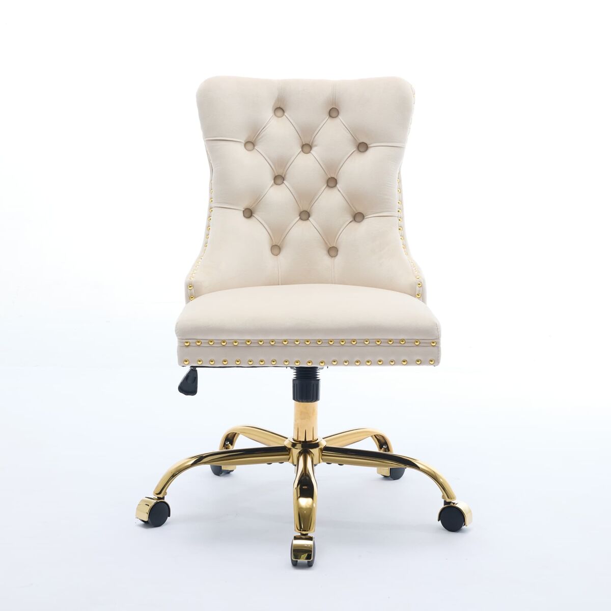 Silla de oficina - ajustable, tapizada en terciopelo con botones, base metálica dorada - beige