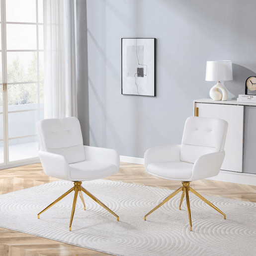 Cadeira giratória 2 unidades - design luxuoso e leve, PU branco, pernas em metal dourado, 360° - BrancoDourado