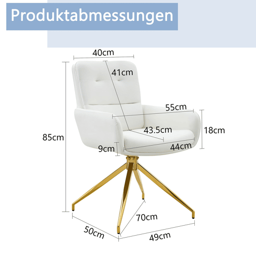 Cadeira giratória 2 unidades - design luxuoso e leve, PU branco, pernas em metal dourado, 360° - BrancoDourado