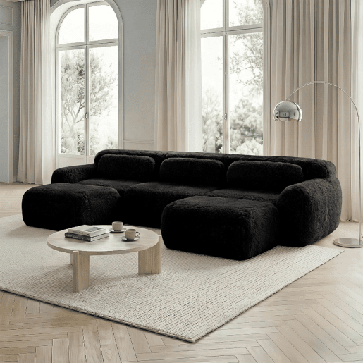 Sofá modular U 3 lugares - Plüsch, sem montagem, antiderrapante, com almofadas - Preto