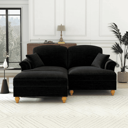 Sofá modular L 2 lugares - estilo Mid-Century, chenille, braços cónicos, saia removível, pernas torneadas - preto