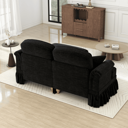 Sofá modular L 2 lugares - estilo Mid-Century, chenille, braços cónicos, saia removível, pernas torneadas - preto