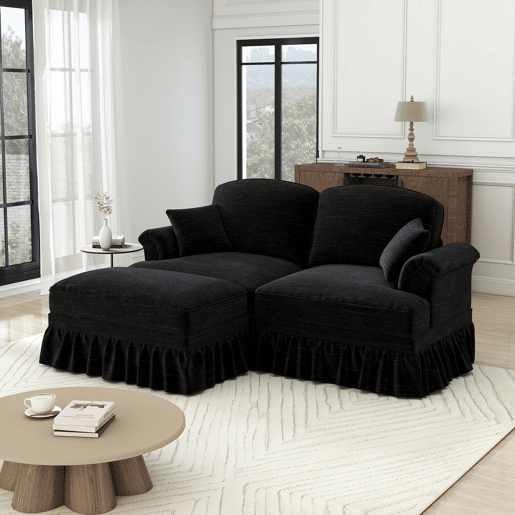 Sofá modular L 2 lugares - estilo Mid-Century, chenille, braços cónicos, saia removível, pernas torneadas - preto