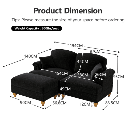 Sofá modular L 2 lugares - estilo Mid-Century, chenille, braços cónicos, saia removível, pernas torneadas - preto
