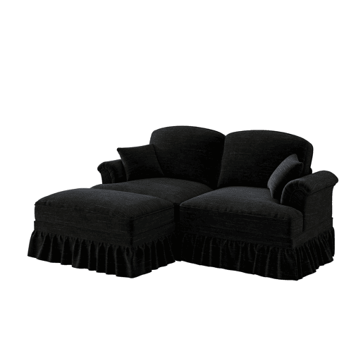 Sofá modular L 2 lugares - estilo Mid-Century, chenille, braços cónicos, saia removível, pernas torneadas - preto
