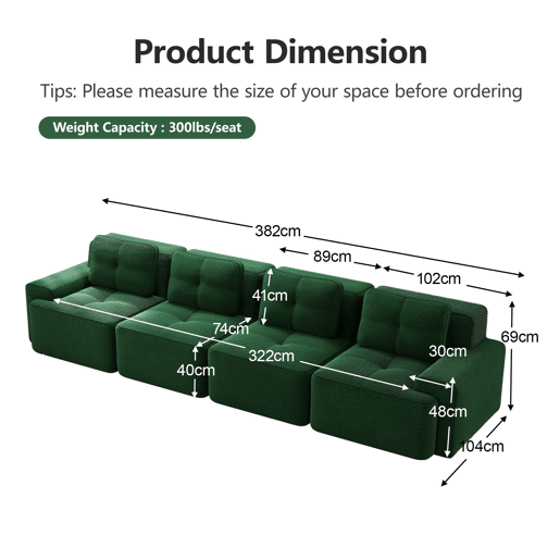 Sofá modular de 4 lugares - Couro sintético acolchoado, assento profundo, antiderrapante - Verde