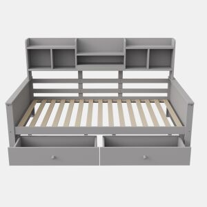 Sofá-cama 90x200 - Com gavetas e prateleiras, estrado, cama individual juvenil - Cinza